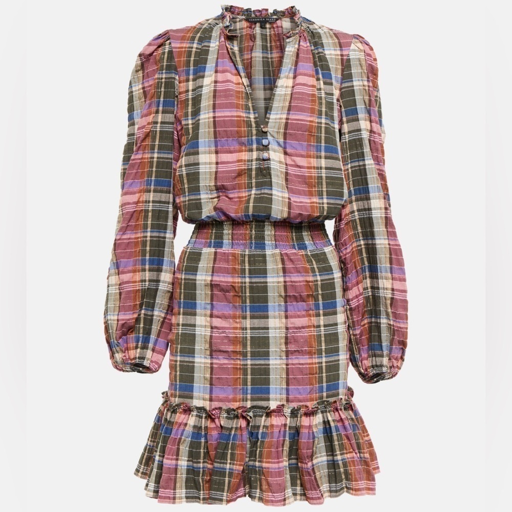 Veronica Beard Jeans Destiny Ruffled Metallic Checked Cotton Blend Mini Dress - Picture 3 of 13